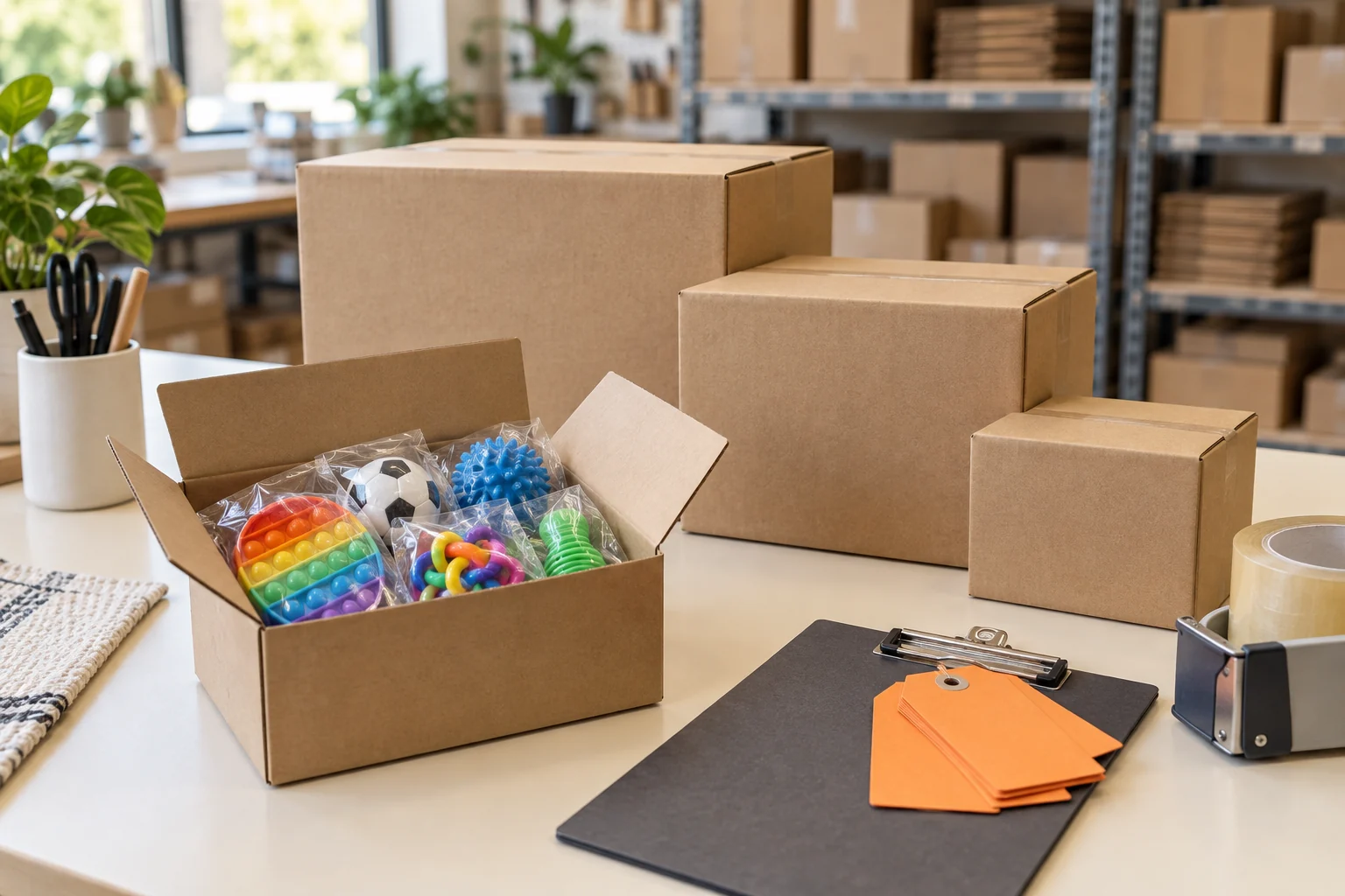 Illustrative mixed-order packing bench with cartons and identification tags