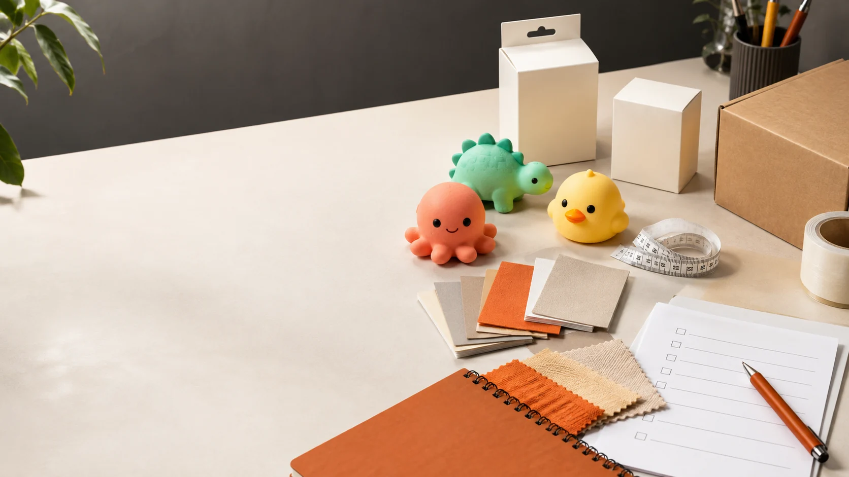 Illustrative toy sourcing desk with samples, blank retail packs and a planning sheet